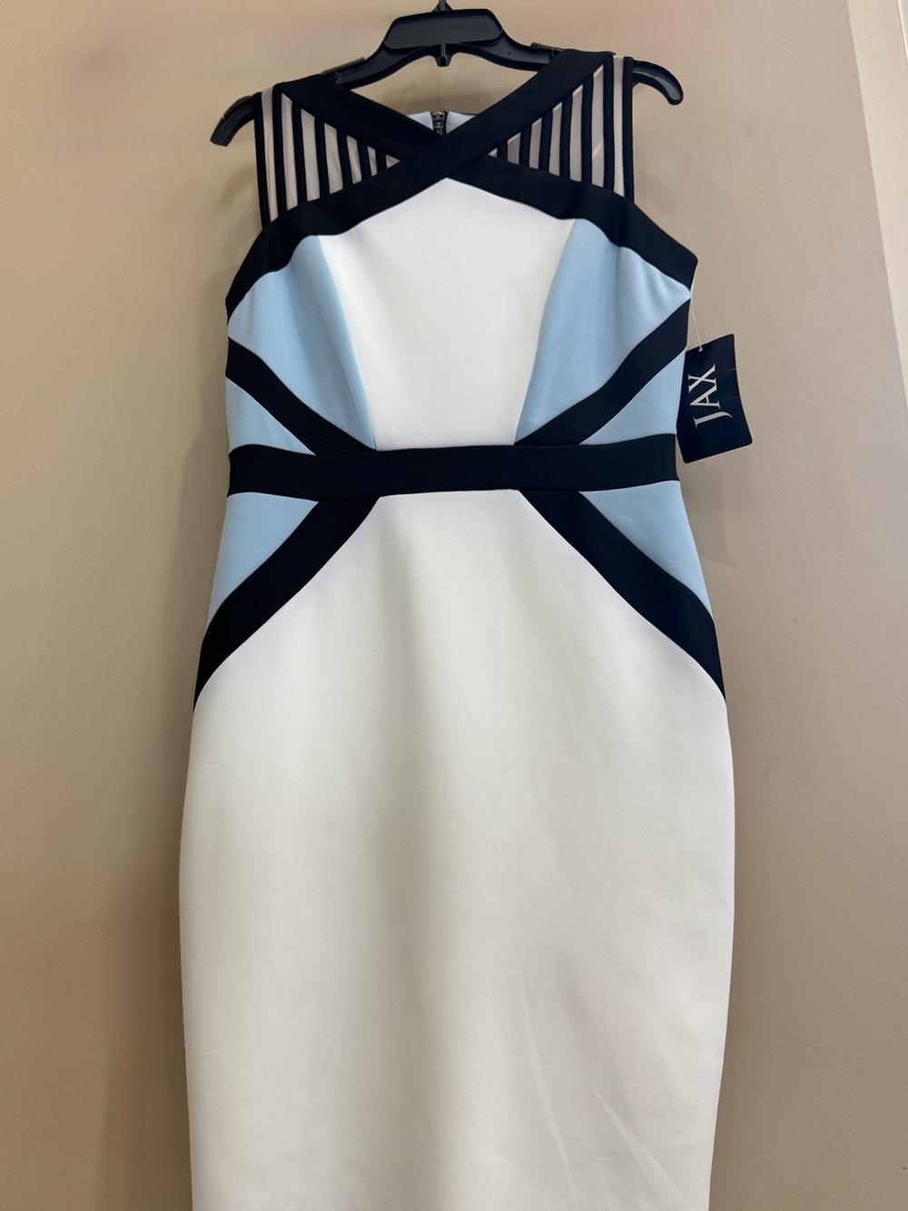 Jax White and Light Blue Sleeveless Sheath Dress with Black Trim